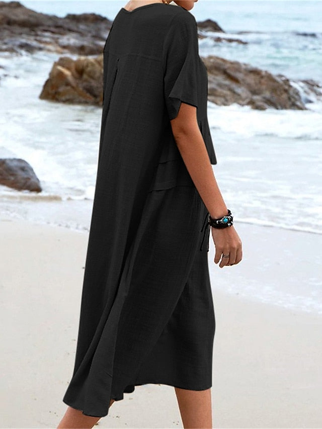 🔥Hot Sale 50% OFF💃Women's Round Neck Cotton Linen Midi Dress
