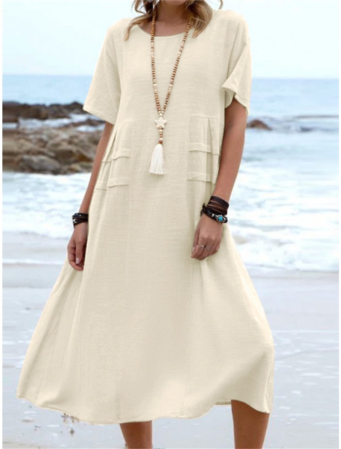 🔥Hot Sale 50% OFF💃Women's Round Neck Cotton Linen Midi Dress