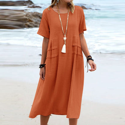 🔥Hot Sale 50% OFF💃Women's Round Neck Cotton Linen Midi Dress