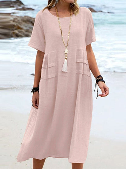🔥Hot Sale 50% OFF💃Women's Round Neck Cotton Linen Midi Dress