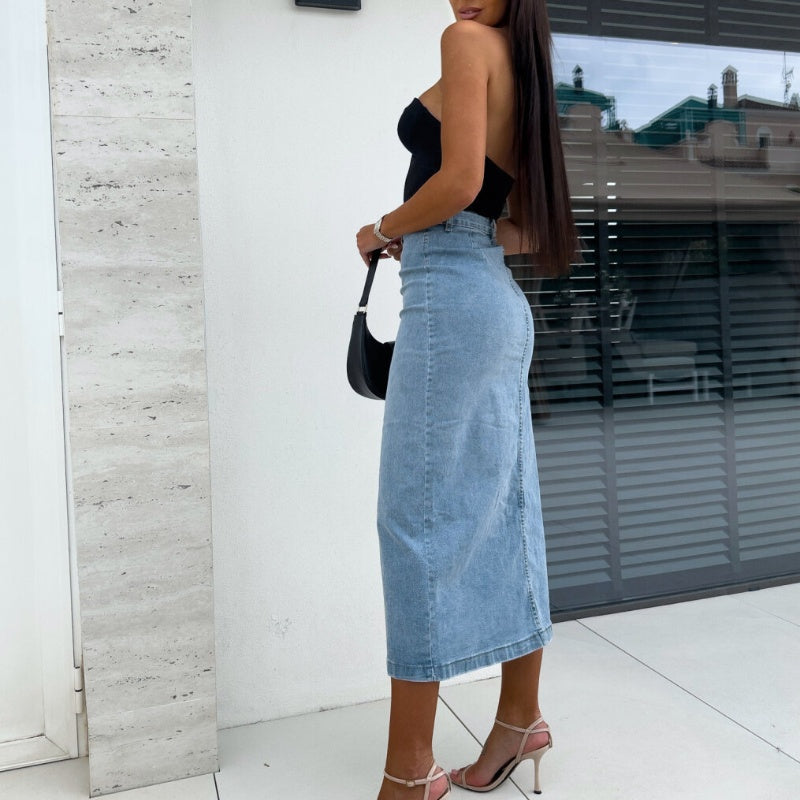 💕Limited Time 50% Off💕Stylish Button Closure Split Denim Bodycon Skirt