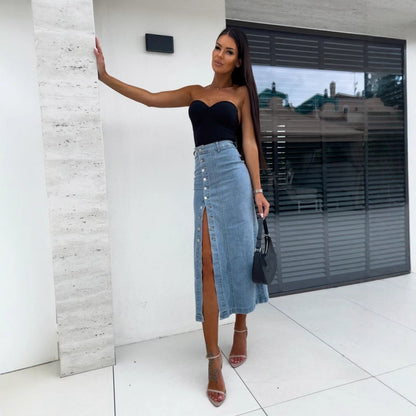 💕Limited Time 50% Off💕Stylish Button Closure Split Denim Bodycon Skirt