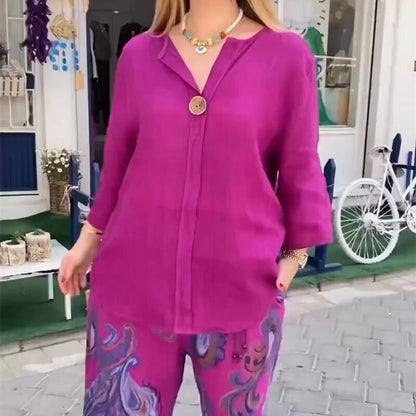 💙Spring Specials🌸Women’s Casual Printed Long-sleeve Blouse and Wide-leg Pants 2-piece Set