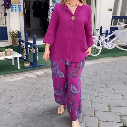 💙Spring Specials🌸Women’s Casual Printed Long-sleeve Blouse and Wide-leg Pants 2-piece Set