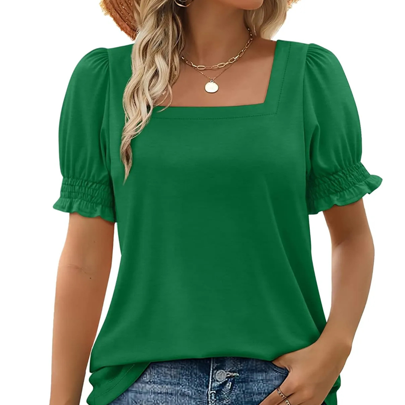 🍃Women's Casual Square Neck Smocked Sleeve T-Shirt