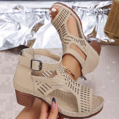 Versatile Hollow Out Mid Heel Open Toe Sandals（50% OFF）