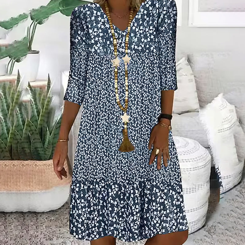 Women's Fashion Printed Mid Sleeve V-Neck Dresses