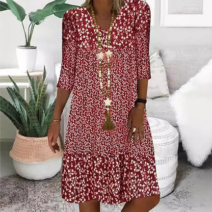 Women's Fashion Printed Mid Sleeve V-Neck Dresses