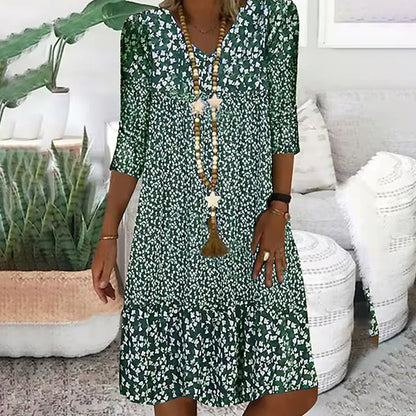 Women's Fashion Printed Mid Sleeve V-Neck Dresses