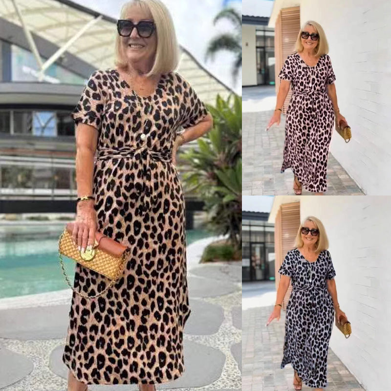 🔥Women's Leopard Print V-Neck Dress – Adjustable Waist & 4 Seasons