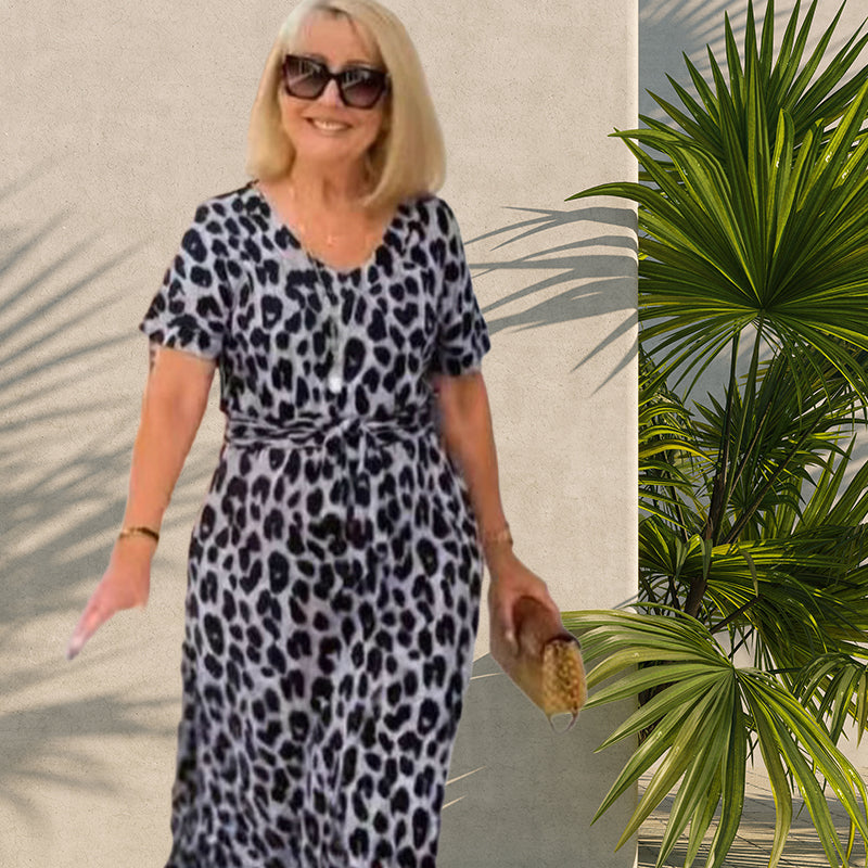 🔥Women's Leopard Print V-Neck Dress – Adjustable Waist & 4 Seasons