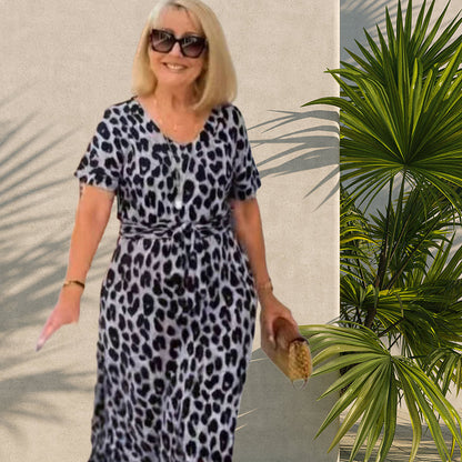 🔥Women's Leopard Print V-Neck Dress – Adjustable Waist & 4 Seasons