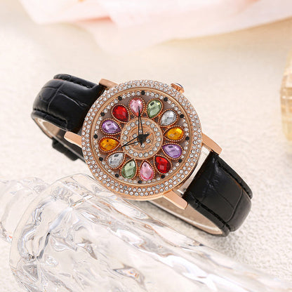 Women's Rotating Dial Watch with Colored Simulated Diamonds