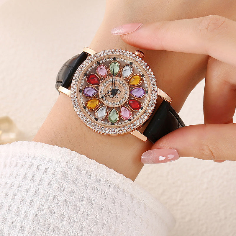 Women's Rotating Dial Watch with Colored Simulated Diamonds