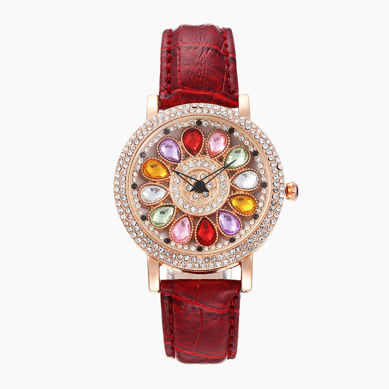 Women's Rotating Dial Watch with Colored Simulated Diamonds