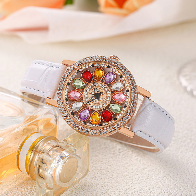 Women's Rotating Dial Watch with Colored Simulated Diamonds