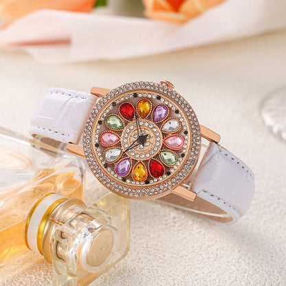 Women's Rotating Dial Watch with Colored Simulated Diamonds