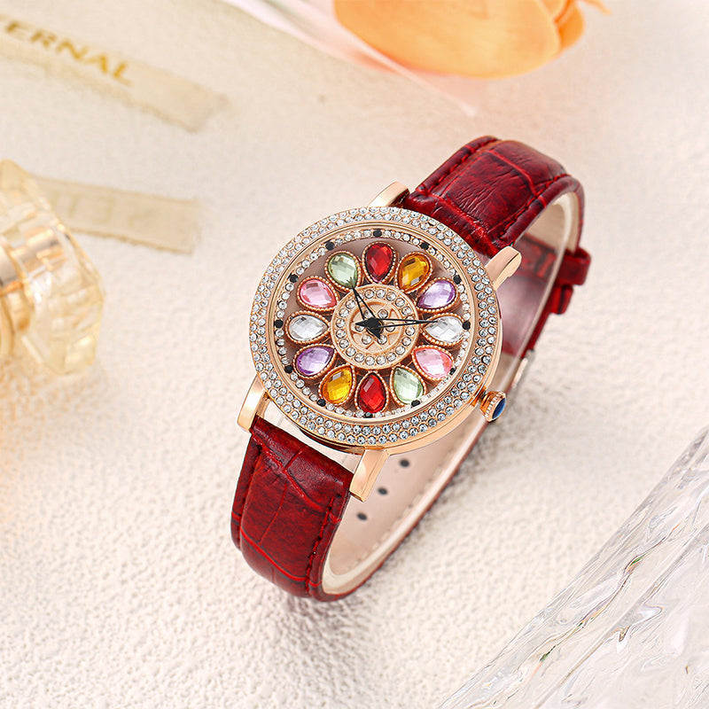 Women's Rotating Dial Watch with Colored Simulated Diamonds