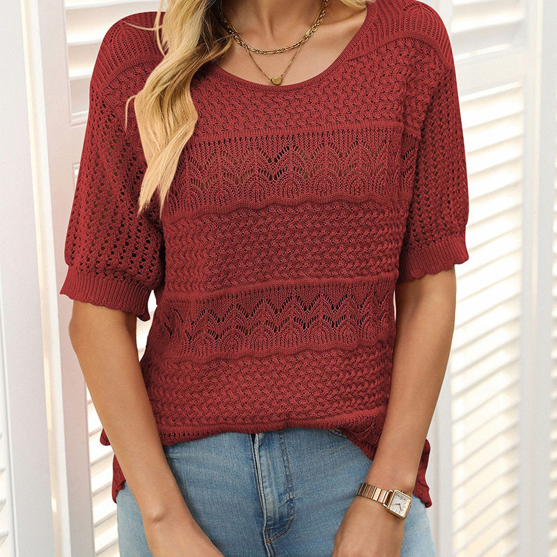 🎉Hot Sale 49% OFF🎉Women's Round Neck Hollow Knit Crochet Short Sleeve Sweater