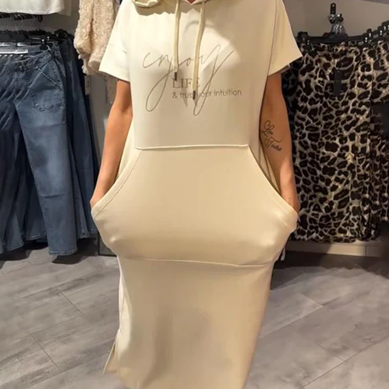 Women’s Solid Short-Sleeve Hooded Long Dress