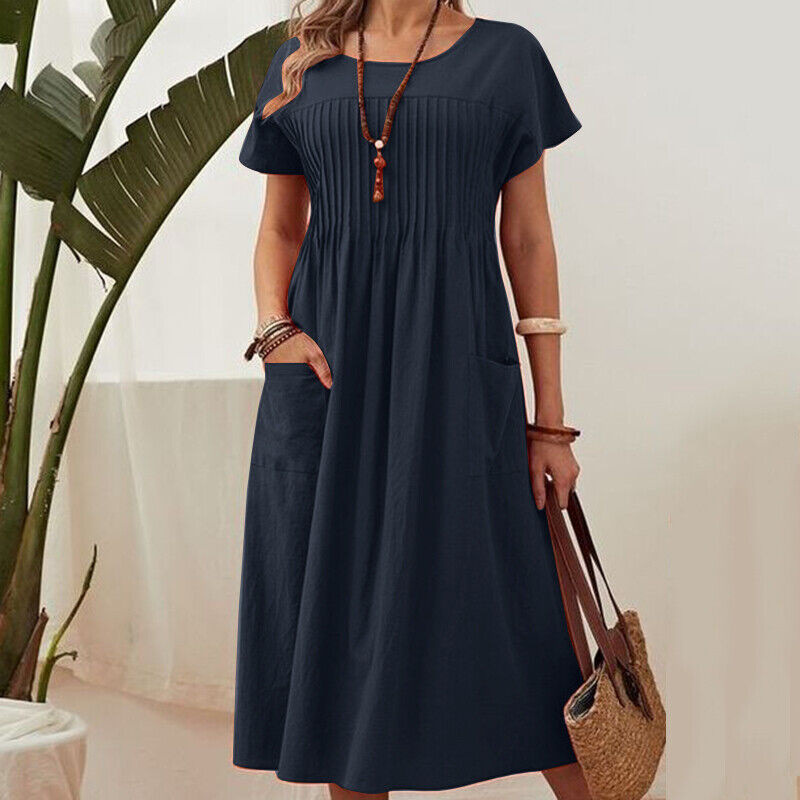 Women's Solid Color Round Neck Pocket Pleated Short Sleeve Dress