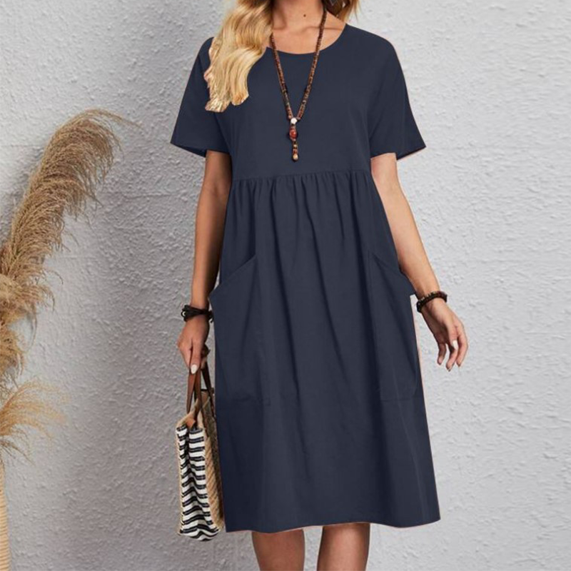 Women's Solid Color Round Neck Pocket Pleated Short Sleeve Dress