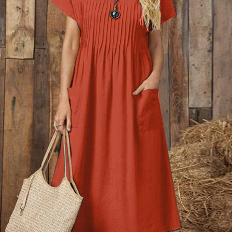 Women's Solid Color Round Neck Pocket Pleated Short Sleeve Dress