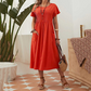 Women's Solid Color Round Neck Pocket Pleated Short Sleeve Dress