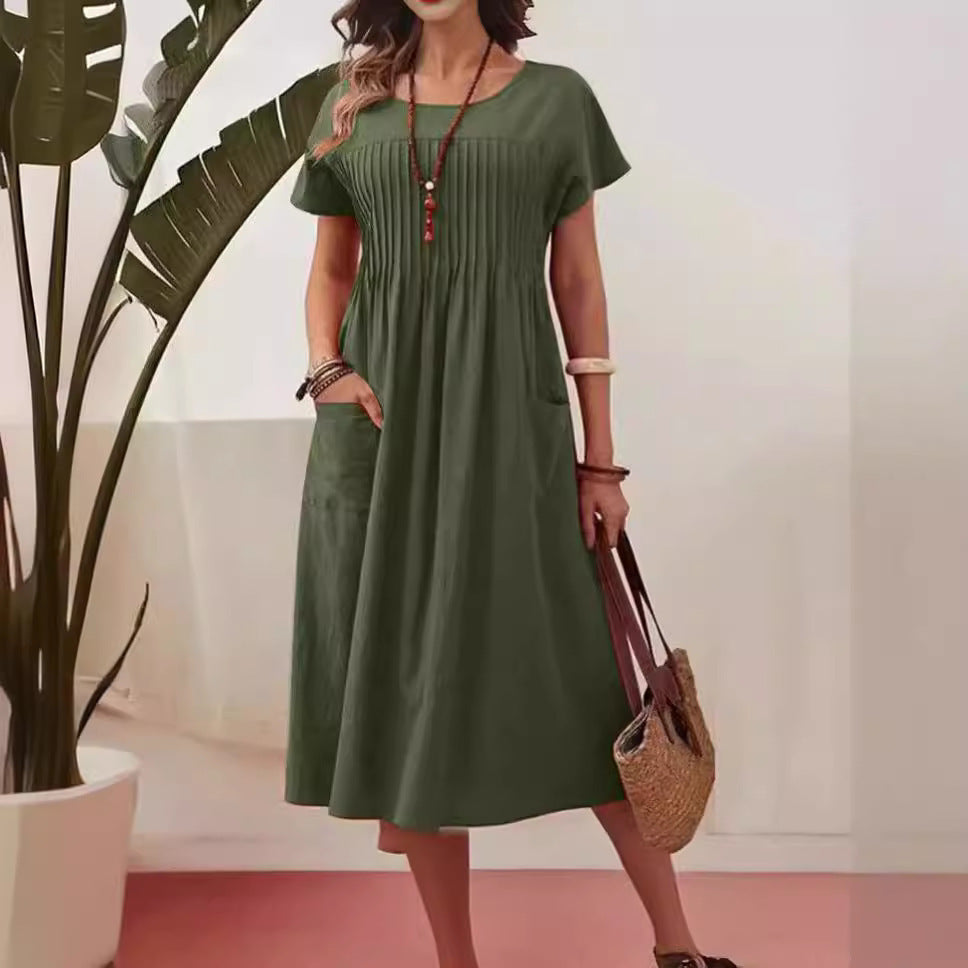 Women's Solid Color Round Neck Pocket Pleated Short Sleeve Dress