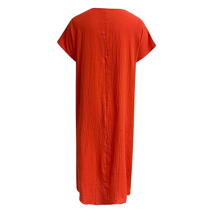 Women's Solid Color Round Neck Pocket Pleated Short Sleeve Dress