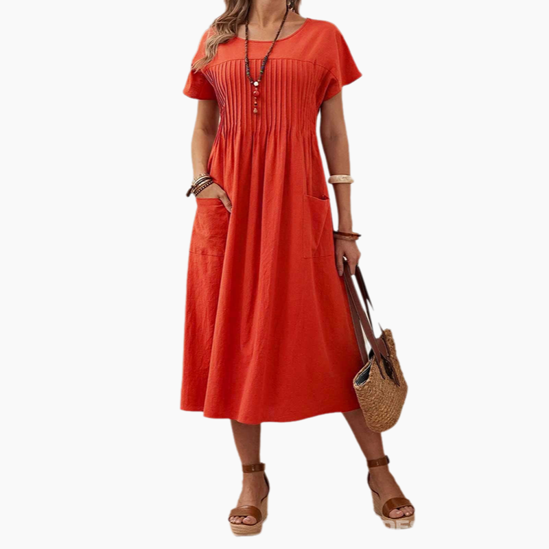 Women's Solid Color Round Neck Pocket Pleated Short Sleeve Dress