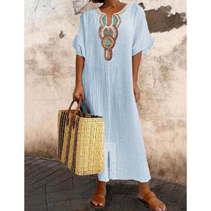 Women's Casual Loose Cotton Linen Embroidered Split Dress