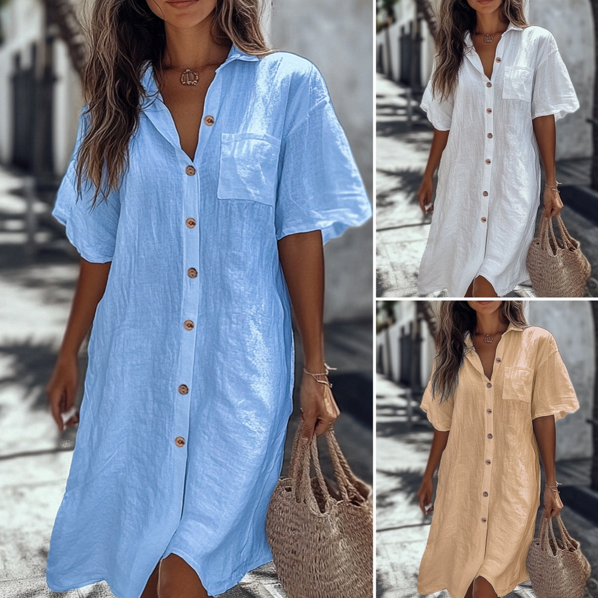 Casual Cotton Linen Shirt Dress