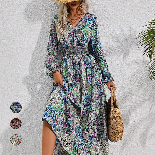 🍧Summer Hot Sale 💞V-Neck Printed Long Sleeve Maxi Dress
