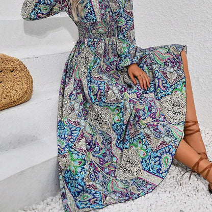 🍧Summer Hot Sale 💞V-Neck Printed Long Sleeve Maxi Dress