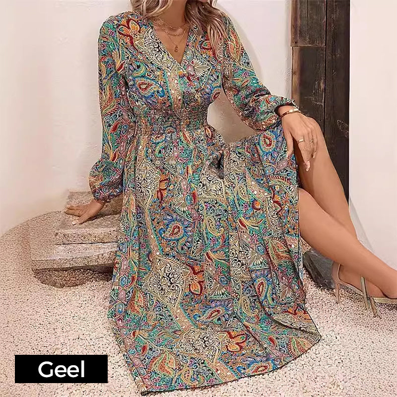 🍧Summer Hot Sale 💞V-Neck Printed Long Sleeve Maxi Dress