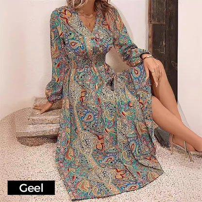 🍧Summer Hot Sale 💞V-Neck Printed Long Sleeve Maxi Dress