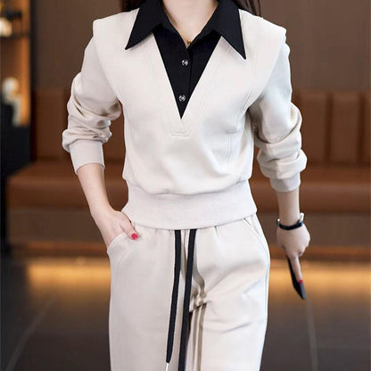 Women's Shirt Collar Top & Drawstring Bottom Set