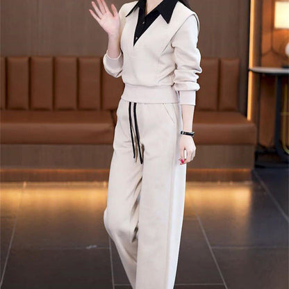 Women's Shirt Collar Top & Drawstring Bottom Set