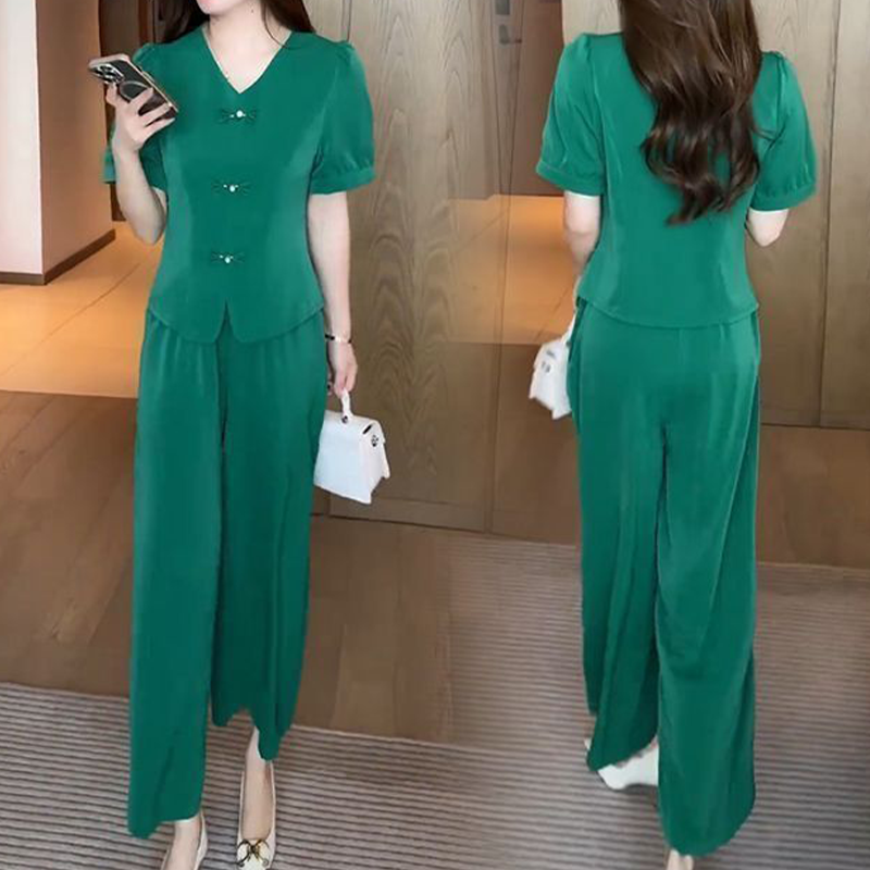💖V-Neck Short Sleeve Top & Matching Wide-Leg Pants 2-Piece Set for Women