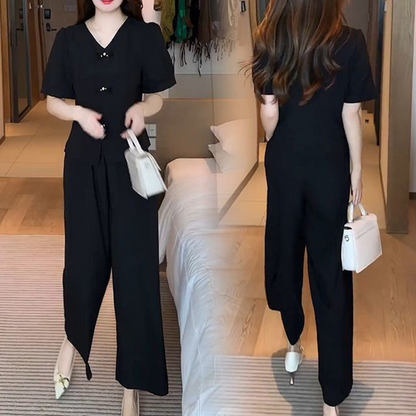 💖V-Neck Short Sleeve Top & Matching Wide-Leg Pants 2-Piece Set for Women