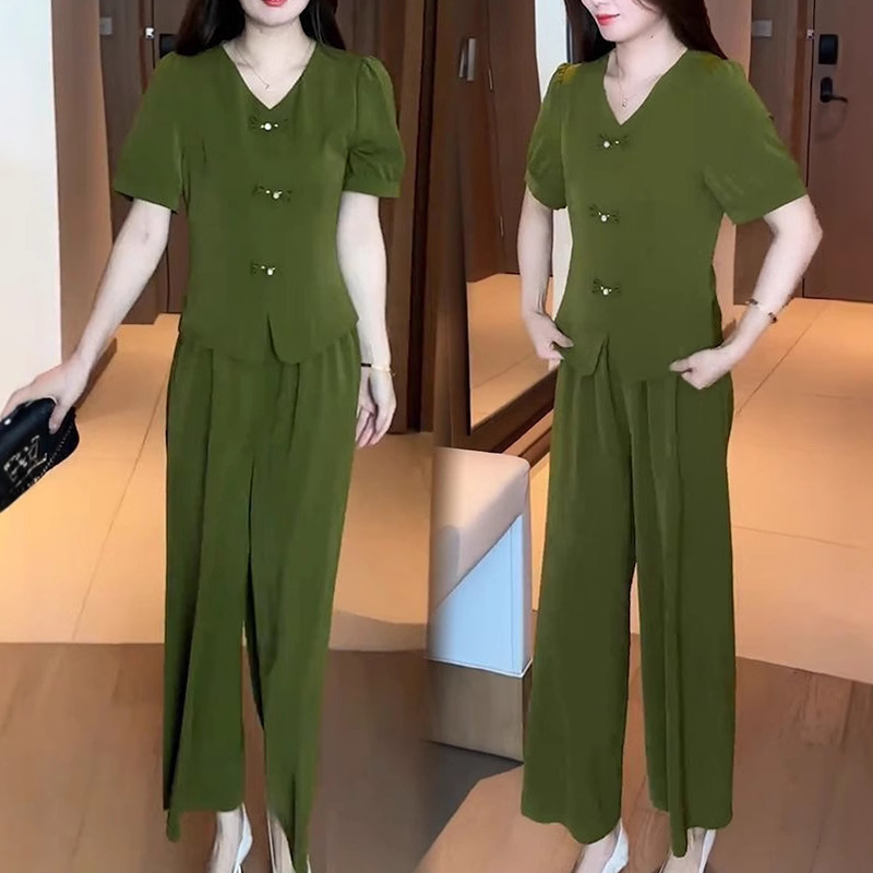 💖V-Neck Short Sleeve Top & Matching Wide-Leg Pants 2-Piece Set for Women