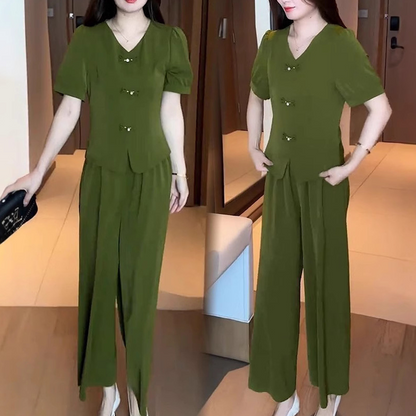💖V-Neck Short Sleeve Top & Matching Wide-Leg Pants 2-Piece Set for Women