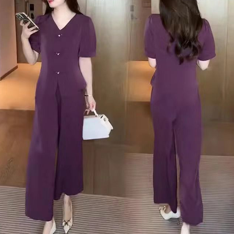 💖V-Neck Short Sleeve Top & Matching Wide-Leg Pants 2-Piece Set for Women