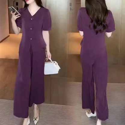 💖V-Neck Short Sleeve Top & Matching Wide-Leg Pants 2-Piece Set for Women
