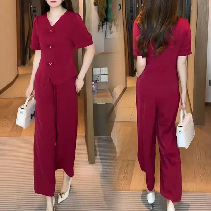 💖V-Neck Short Sleeve Top & Matching Wide-Leg Pants 2-Piece Set for Women