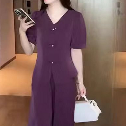 💖V-Neck Short Sleeve Top & Matching Wide-Leg Pants 2-Piece Set for Women