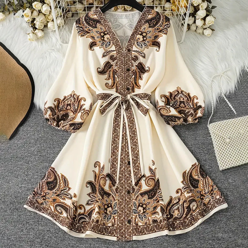 Women's Printed Tie-Waist V-Neck Dress