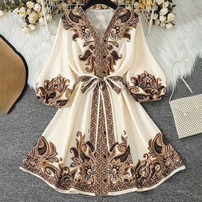 Women's Printed Tie-Waist V-Neck Dress