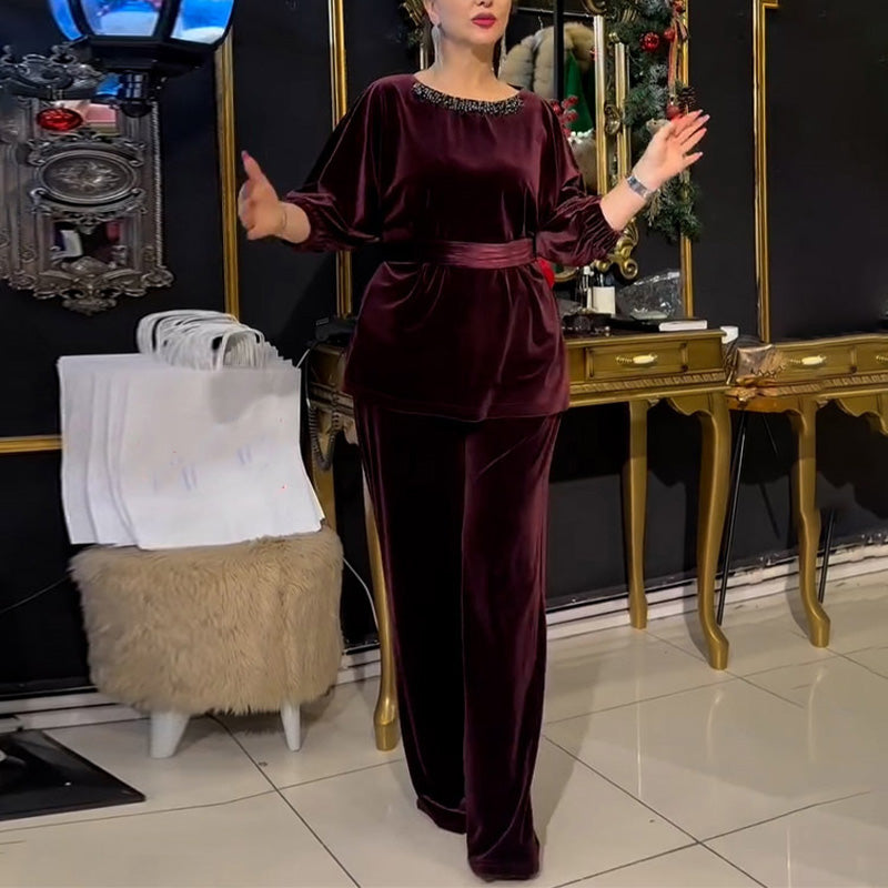 Round Neck Rhinestone Top & Wide-Leg Pants 2-Piece Set
